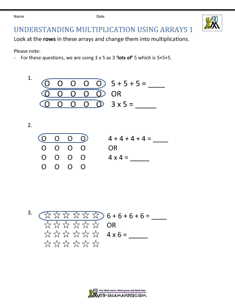 Multiplication worksheet with arrays of circles and stars