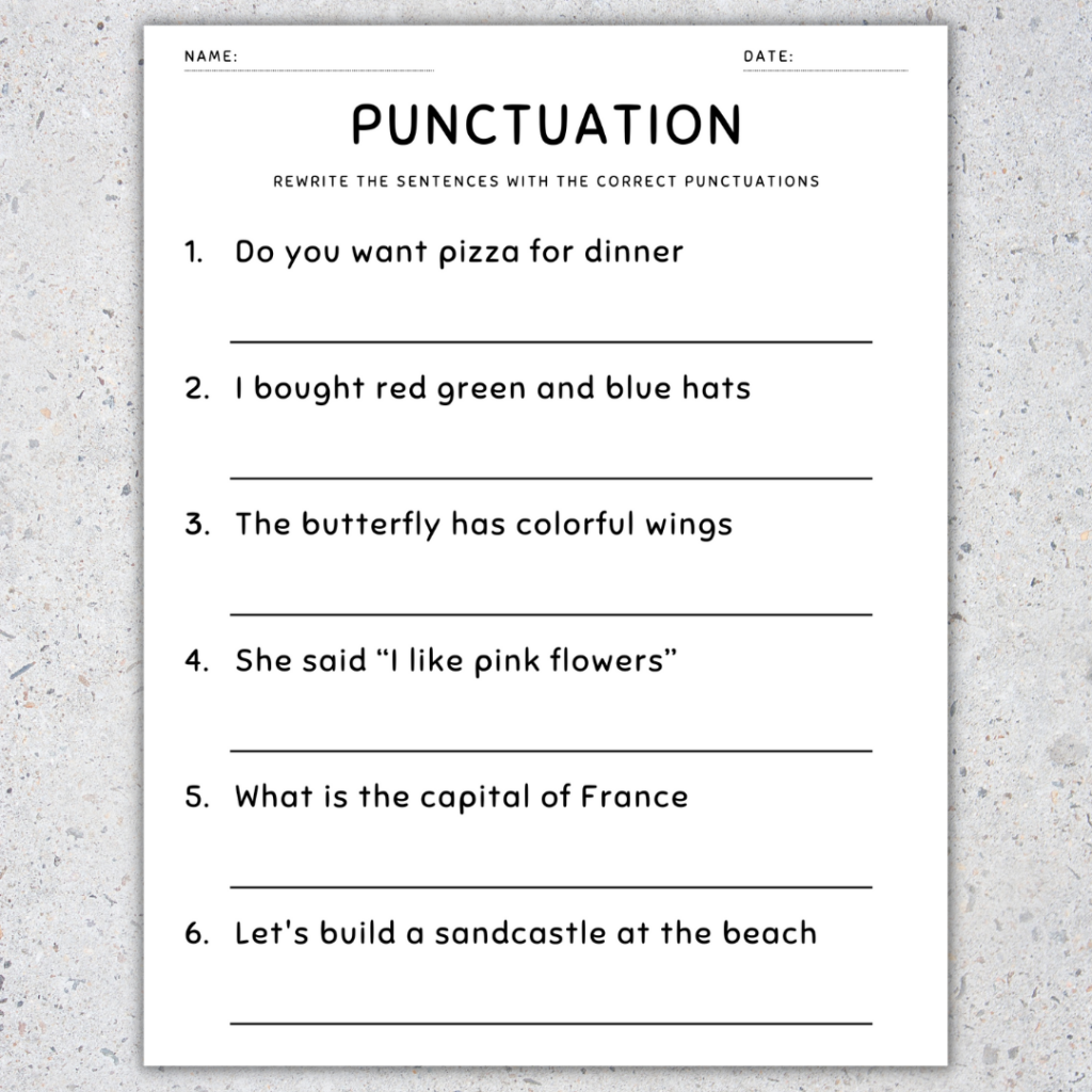 Punctuation worksheet on a speckled background with sentences