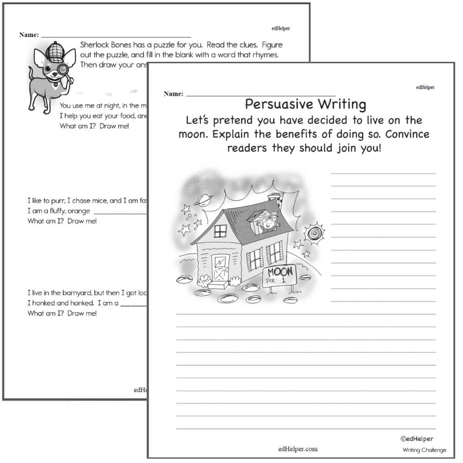 Two overlapping black-and-white writing worksheets