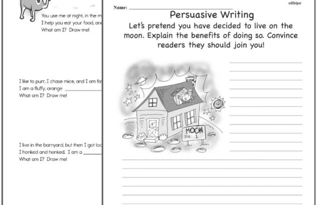 Two overlapping educational writing worksheets with cartoon drawings