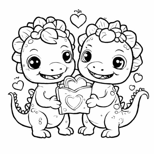 Two cute cartoon dinosaurs holding a heart book