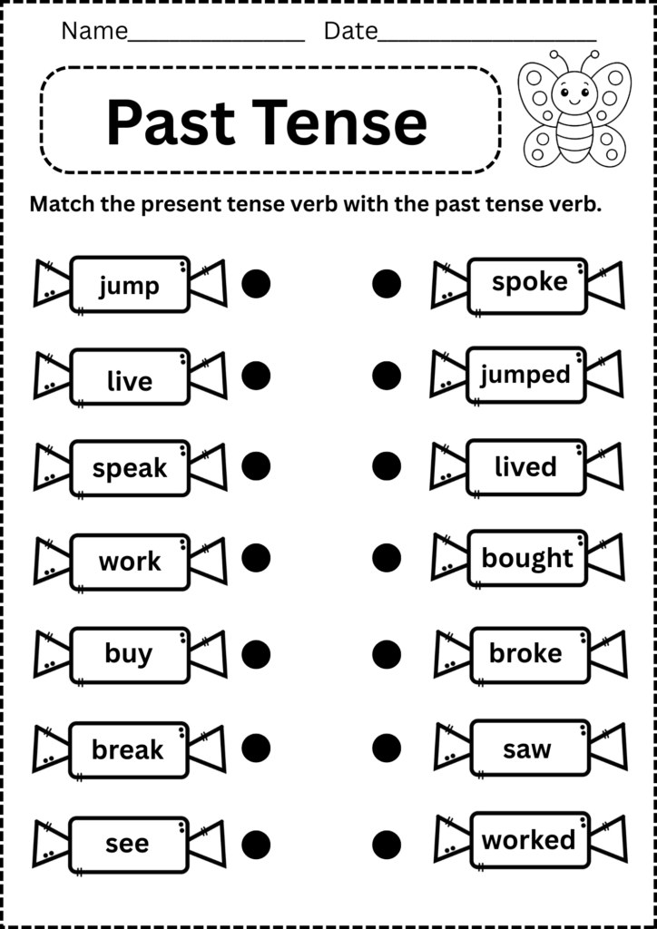 Past tense verb matching worksheet with butterfly illustration