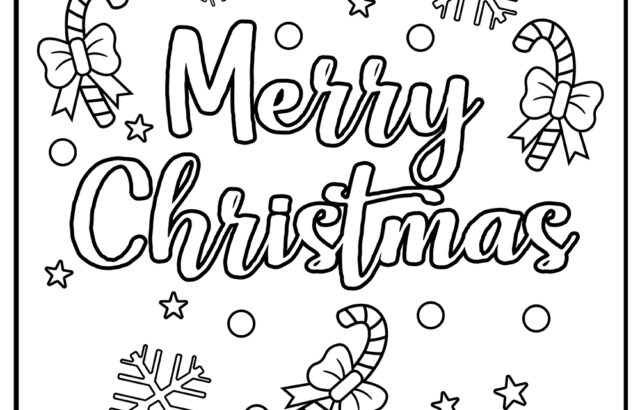 Merry Christmas coloring page with candy canes and snowflakes