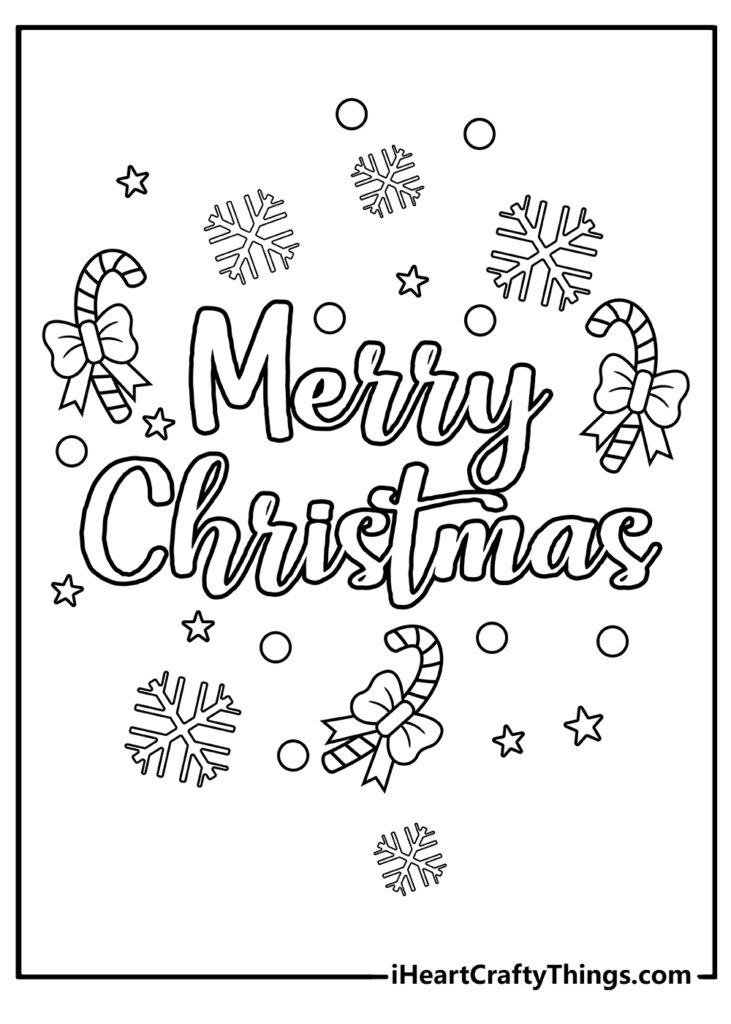 Merry Christmas coloring page with candy canes and snowflakes