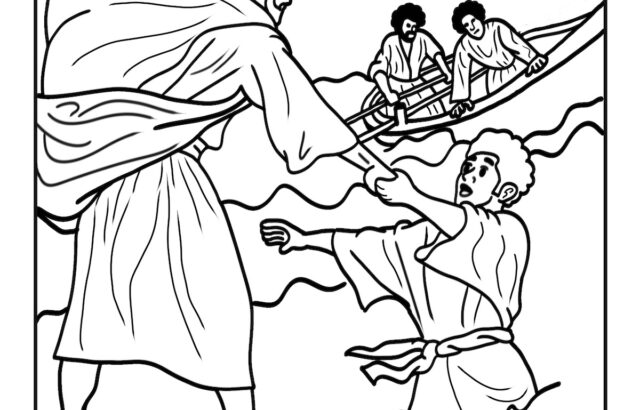 Line drawing of robed figures in wavy water