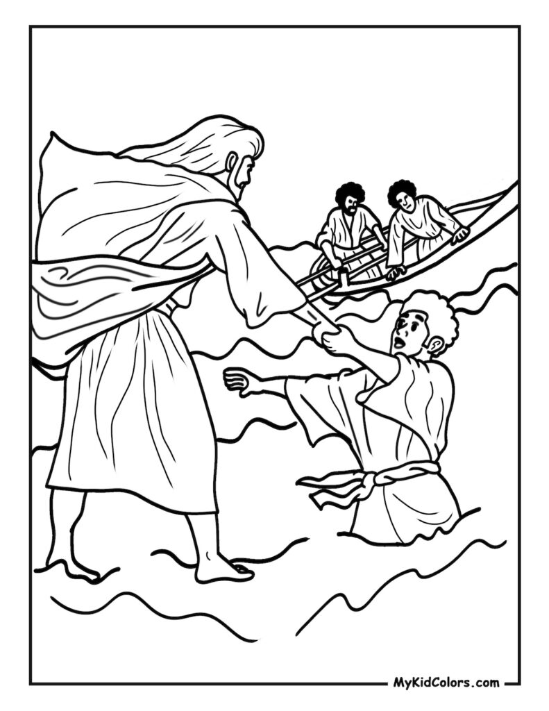 Line drawing of robed figures in wavy water