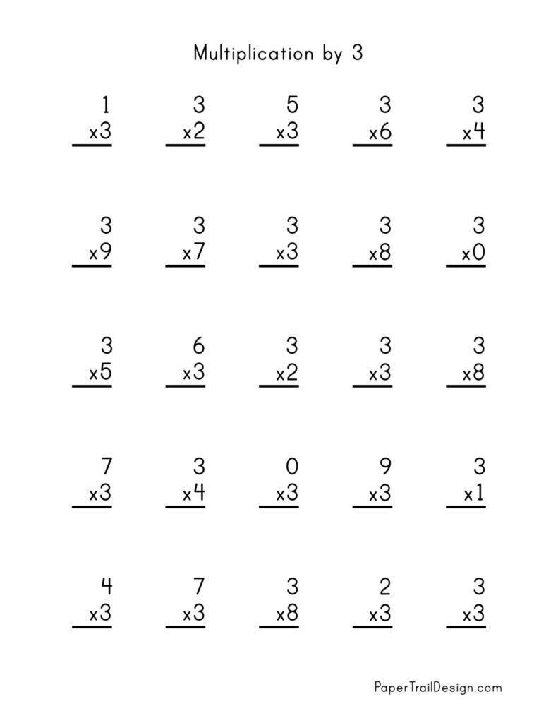 Multiplication by 3 worksheet with numbered problems