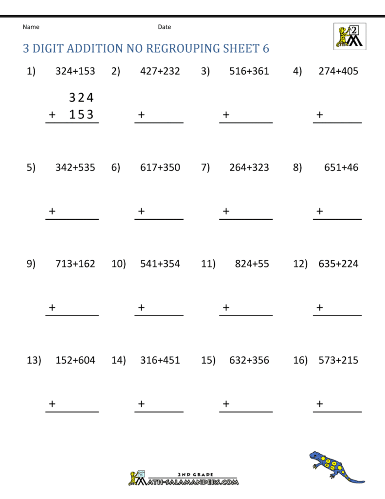 3-digit addition worksheet with 16 problems and blanks