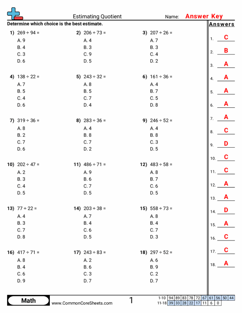 Math worksheet with estimating quotient problems and answer key