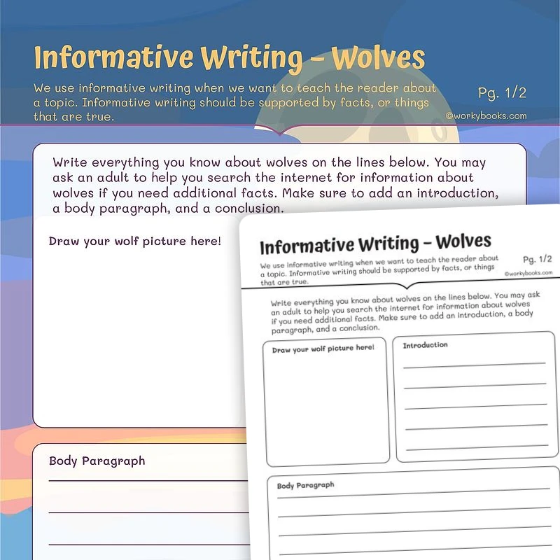 Informative writing wolves worksheet with blank writing boxes