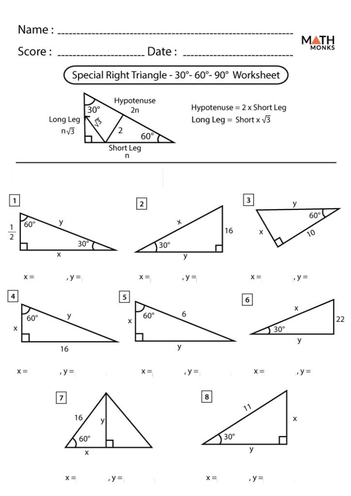 Special right triangle worksheet with eight problems