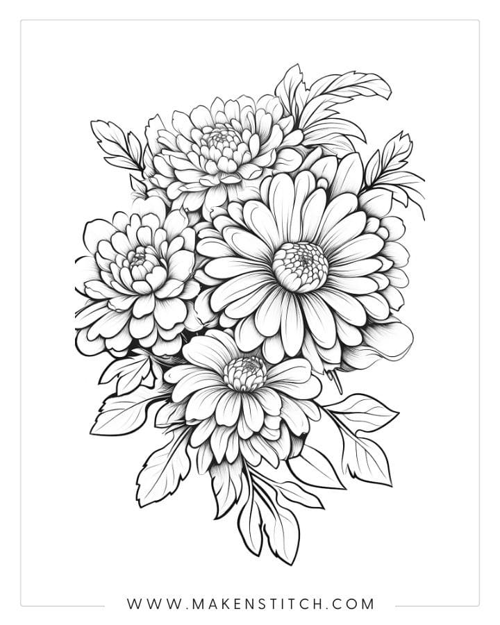 Black-and-white floral line drawing with four blossoms