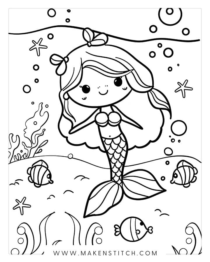 Black-and-white mermaid coloring page with fish and bubbles