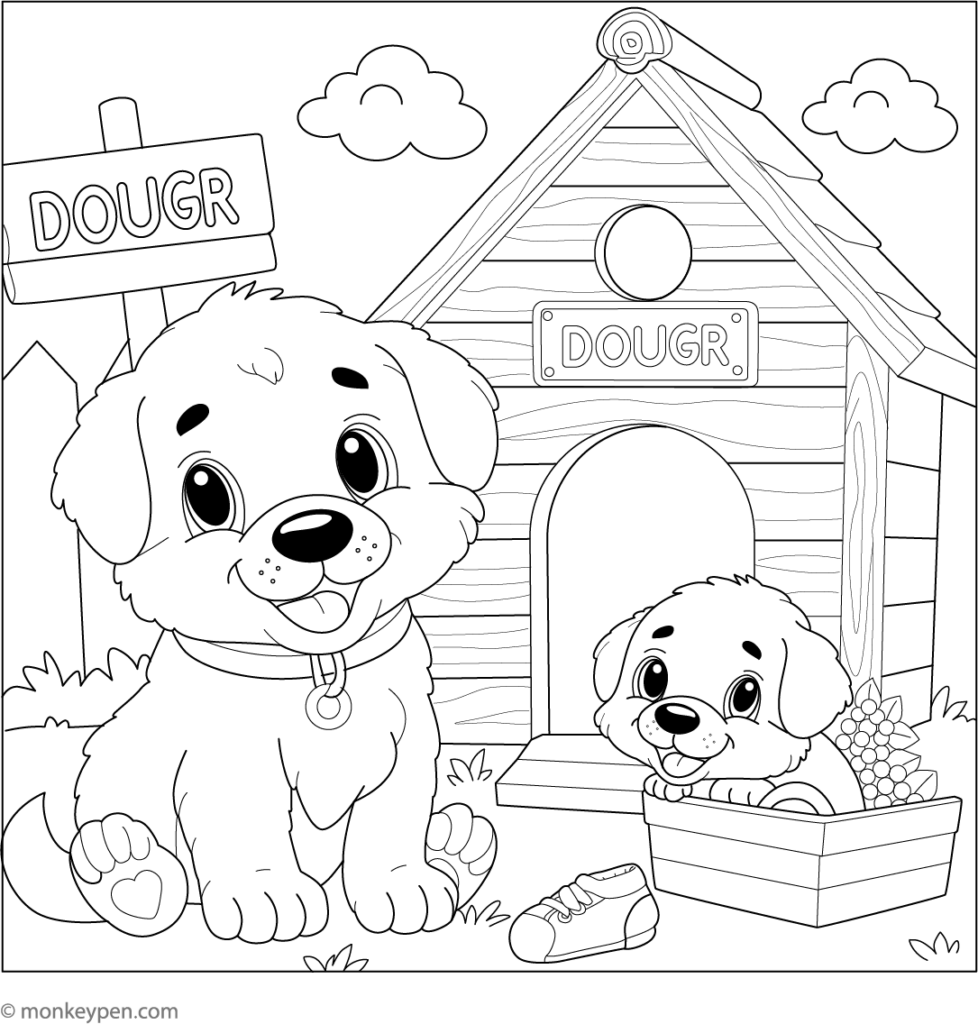 Two cartoon puppies outside a doghouse with sign