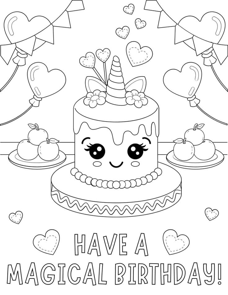 Uncolored unicorn birthday cake coloring page with balloons and text