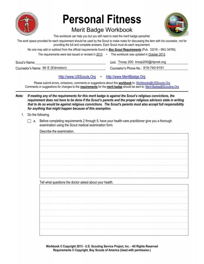 Personal Fitness merit badge workbook page with blank lines