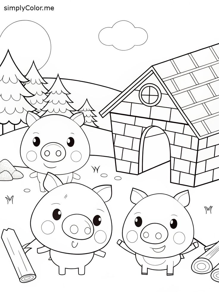 Three cartoon pigs near a brick house and trees