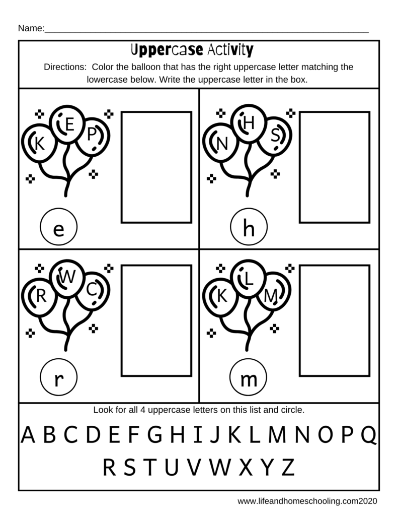 Uppercase activity worksheet with balloon letters and blanks