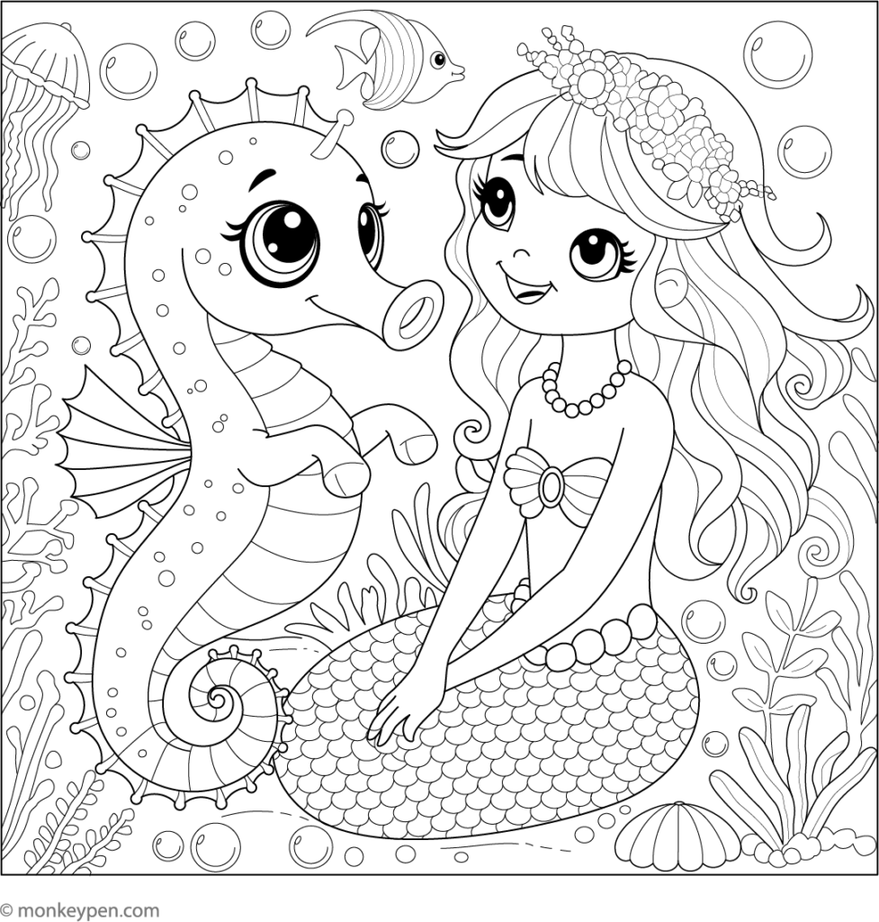 Mermaid girl and seahorse underwater coloring page