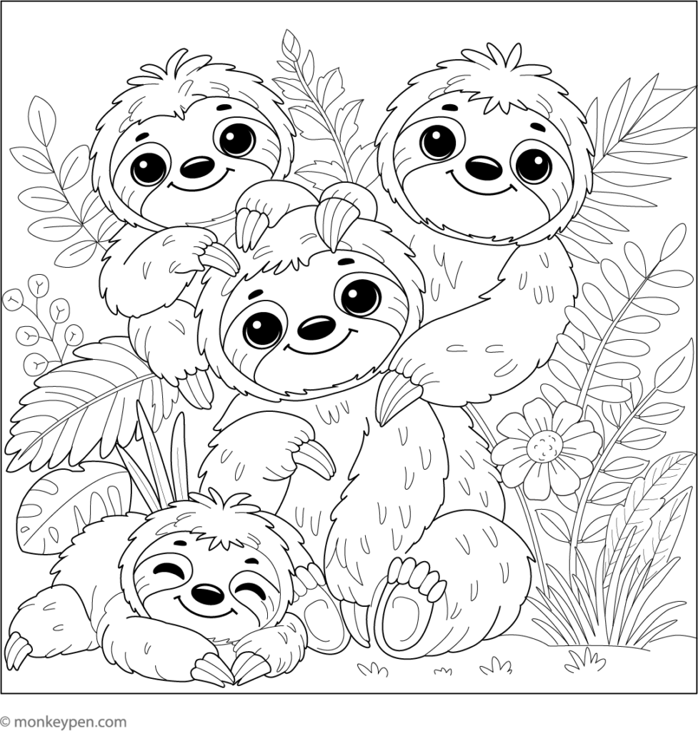 Four smiling cartoon sloths among tropical leaves and flowers