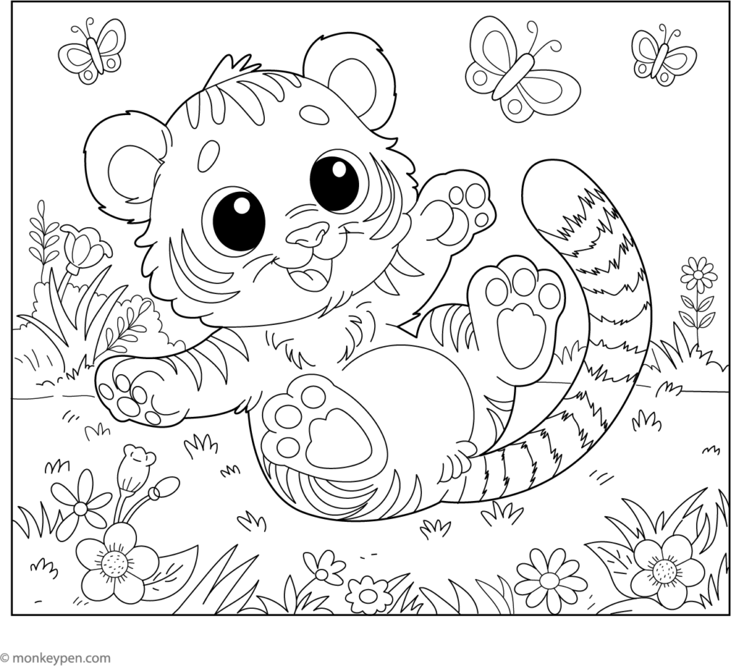 Cartoon tiger cub playing in a flowered field