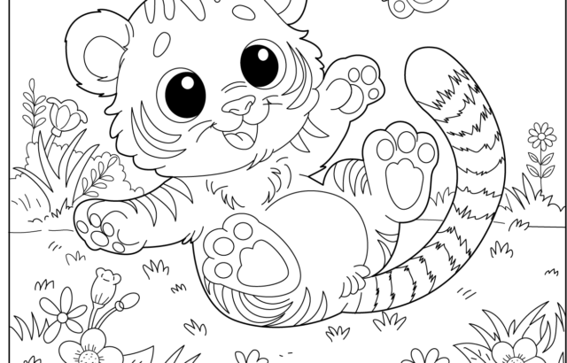 Cartoon tiger cub playing in a flowered field