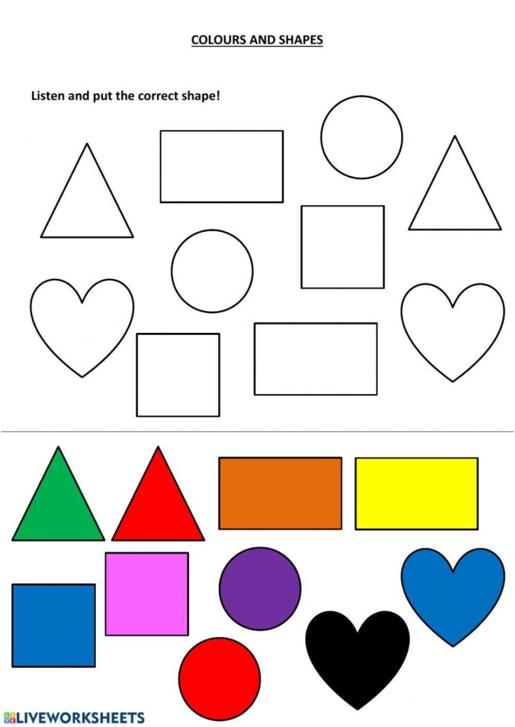 Colours and shapes worksheet with outlined and colored shapes