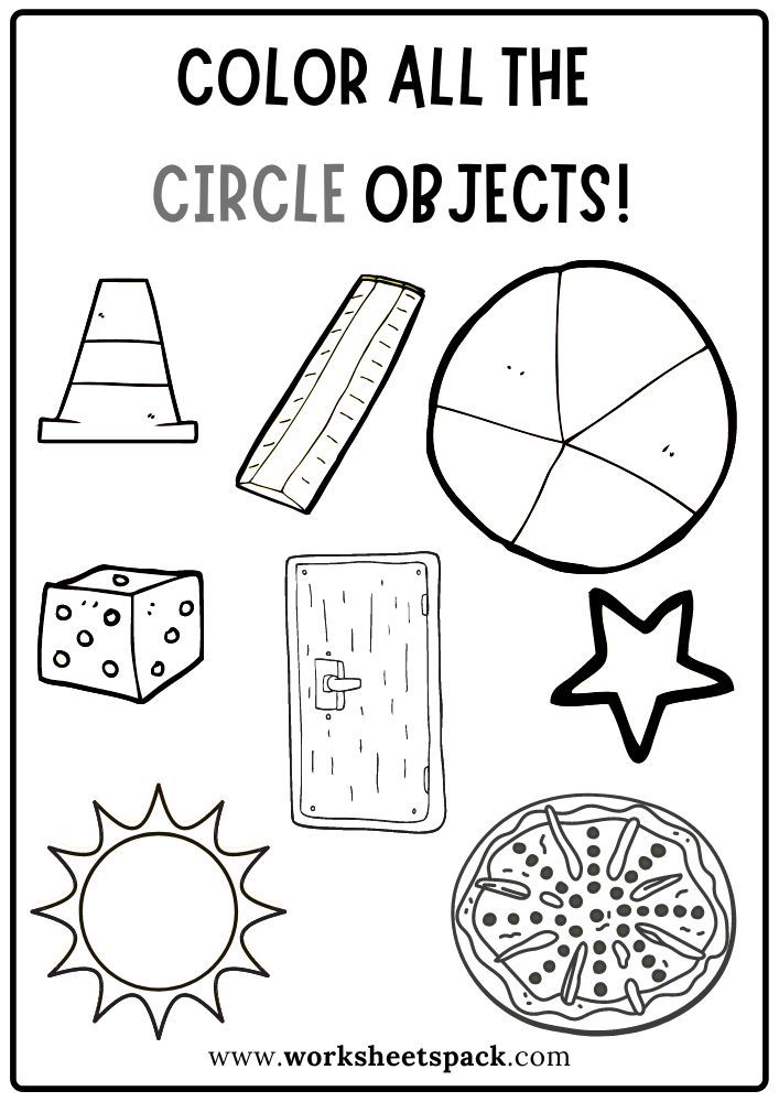 Circle objects worksheet with assorted outlined shapes