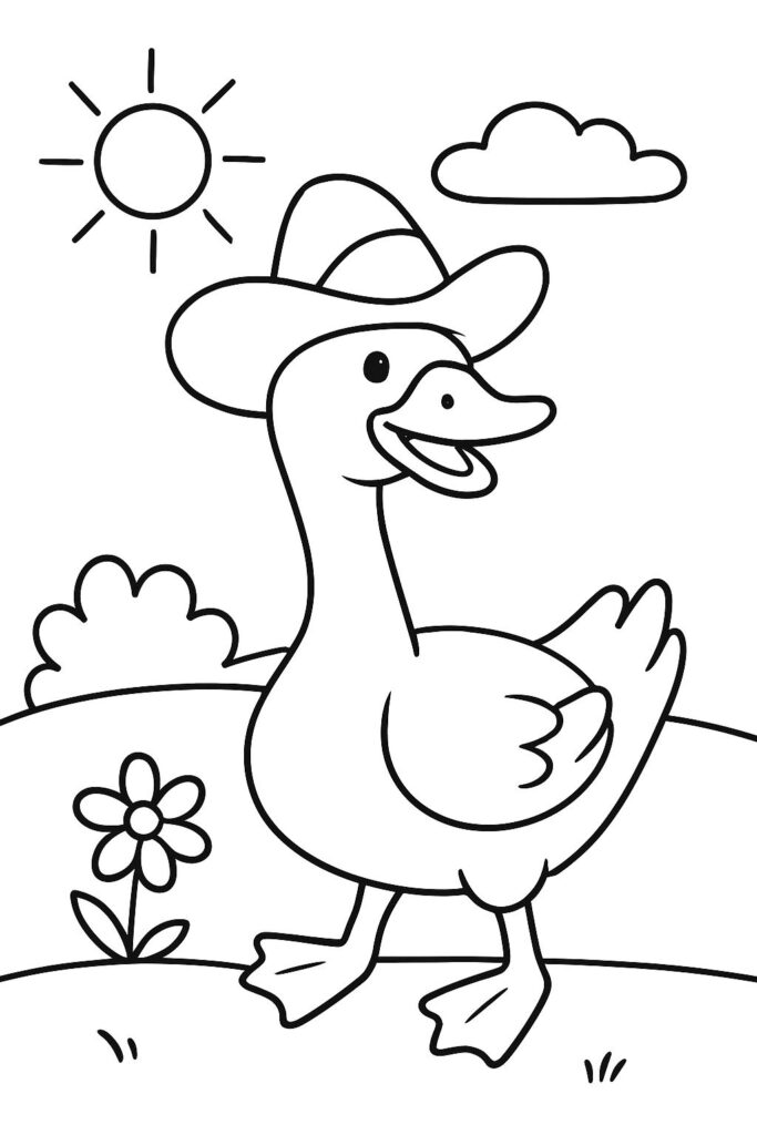 Cartoon duck wearing a hat outdoors