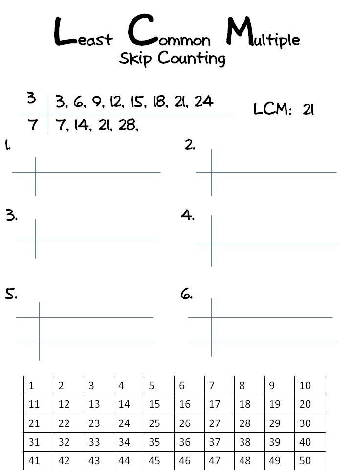 Least common multiple skip-counting worksheet with number grid