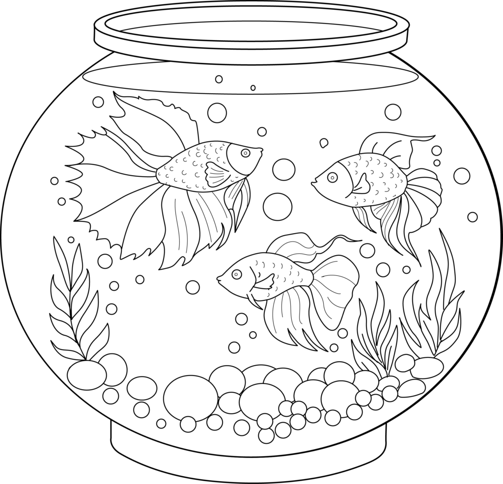 Three fish in a round fishbowl illustration