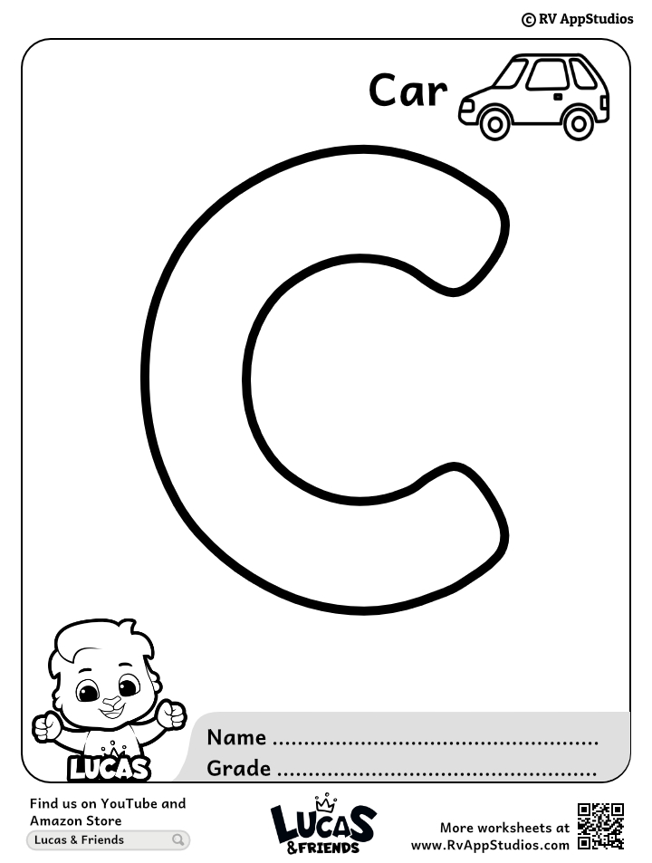 Large outlined letter C worksheet with car icon and cartoon child