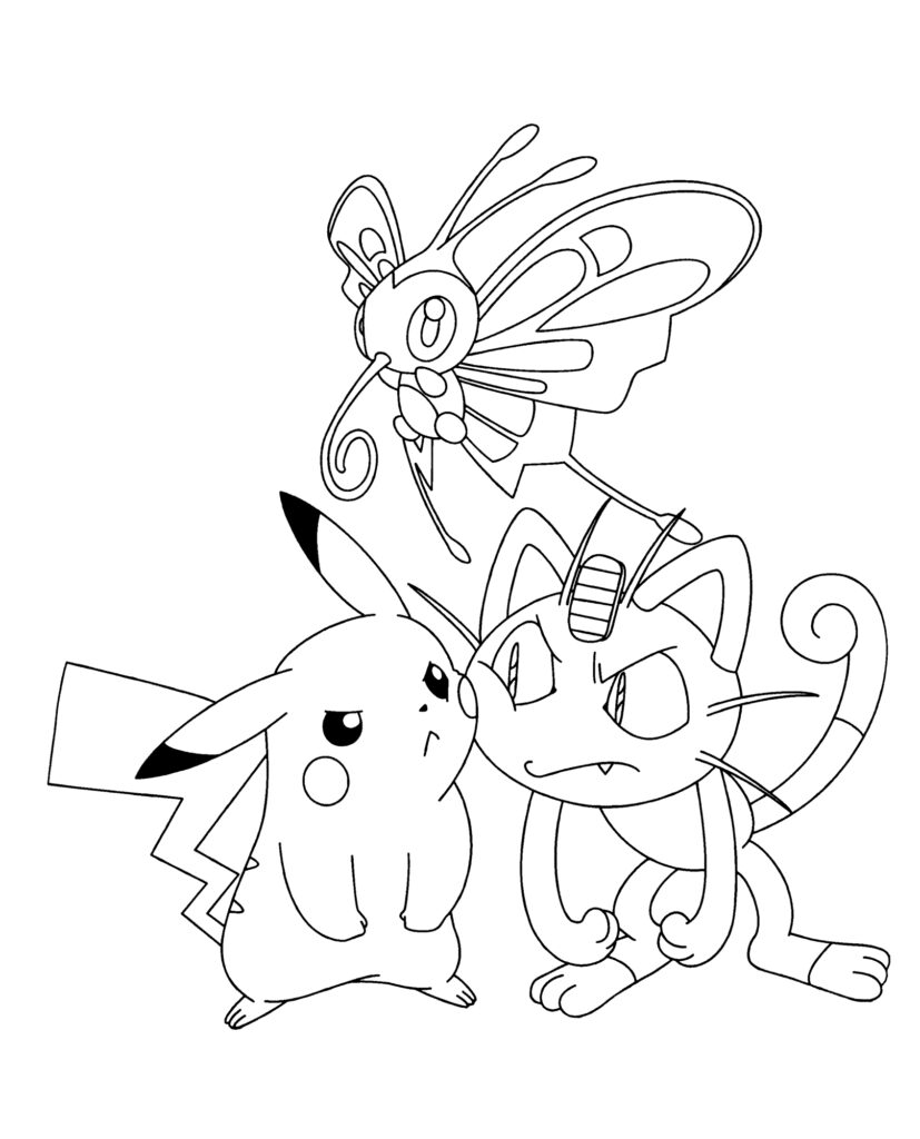 Black-and-white line drawing of Pikachu, Meowth, and Butterfree