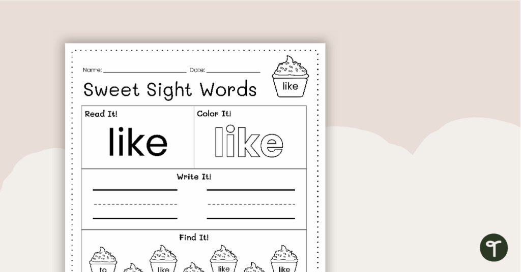 Sight word worksheet with the word like and cupcake icons