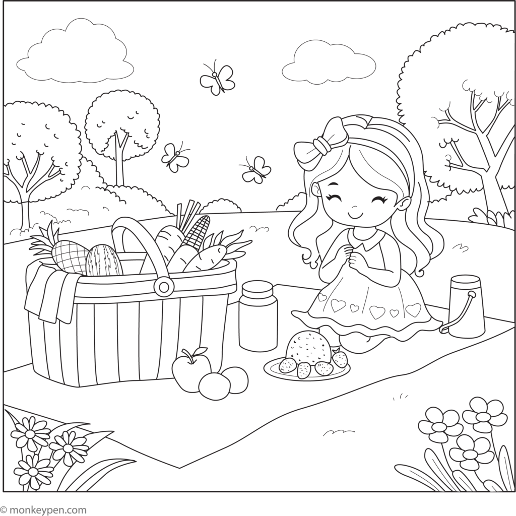 Girl with picnic basket in flowered park