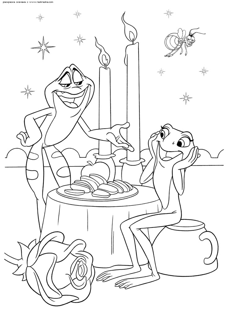 Frog characters at candlelit table with roses and stars