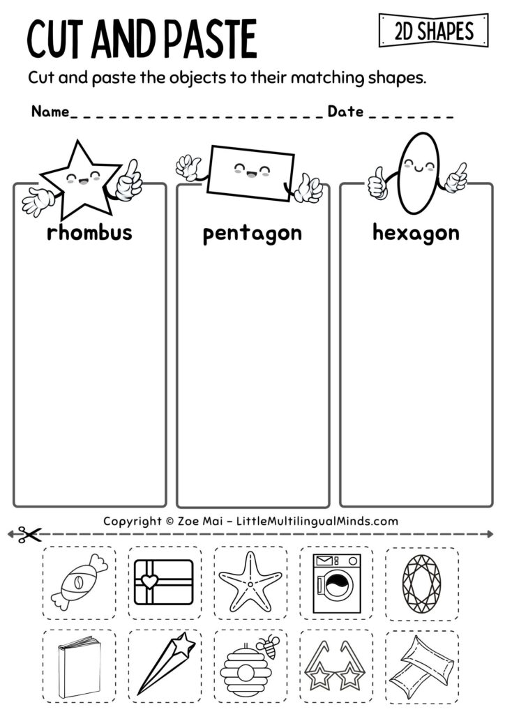 Black-and-white shapes cut-and-paste worksheet with objects below