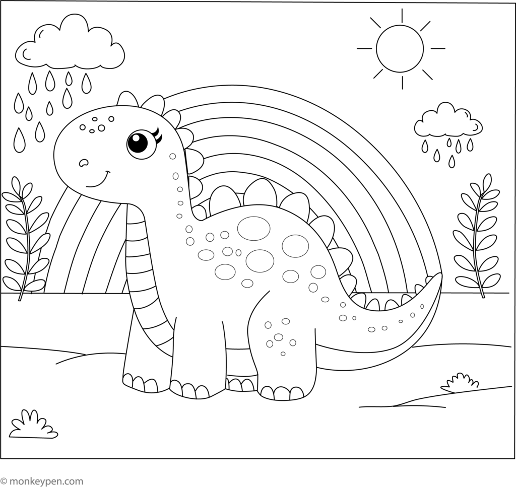 Cute dinosaur coloring page with rainbow, sun, clouds
