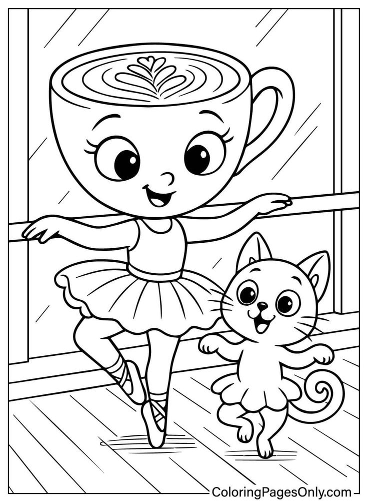 Ballerina cup and cat dancing in studio