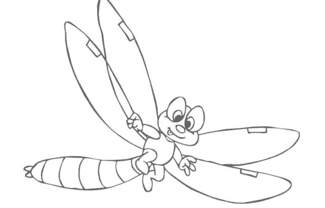 Cartoon dragonfly line drawing on white background