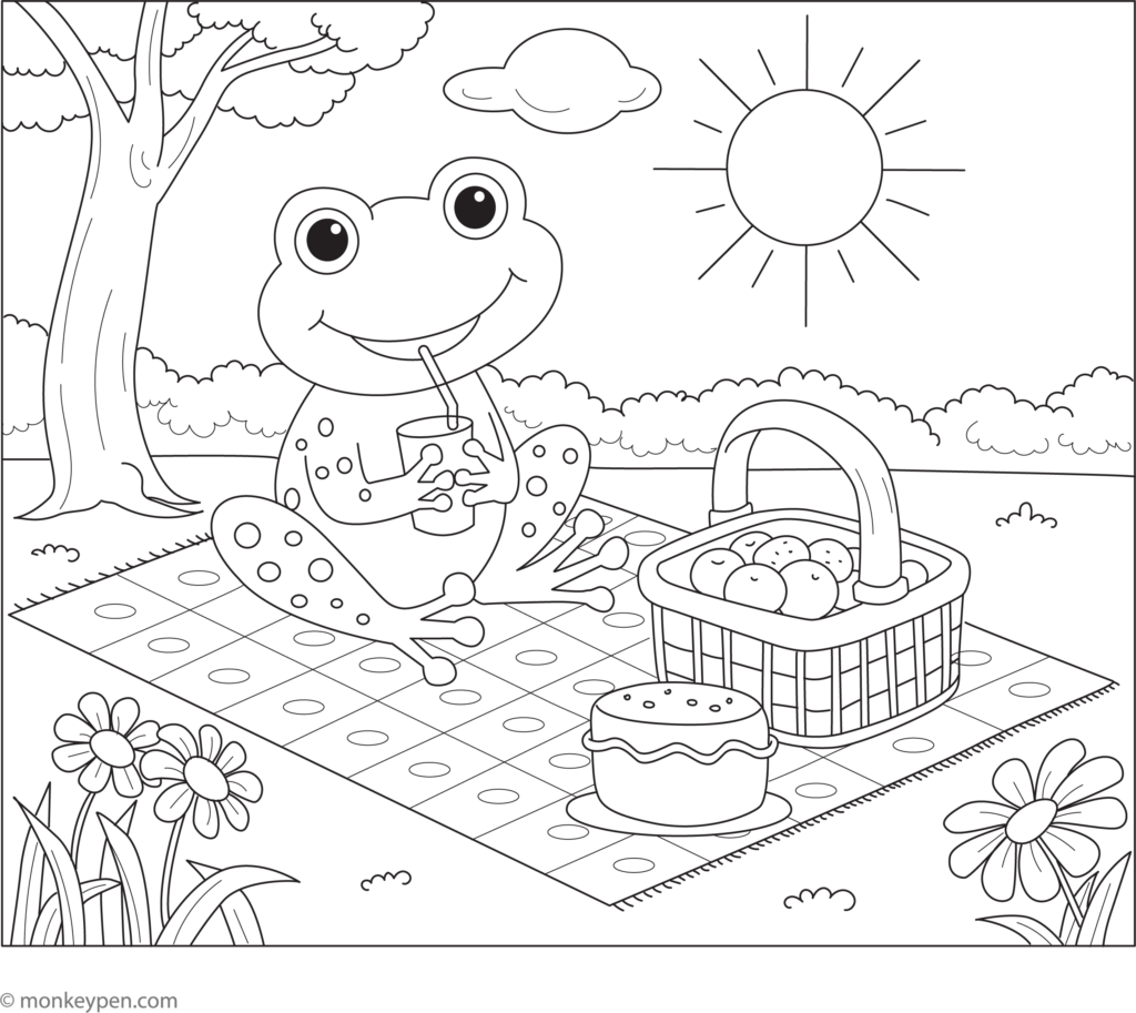 Cartoon frog picnic on blanket with basket and flowers