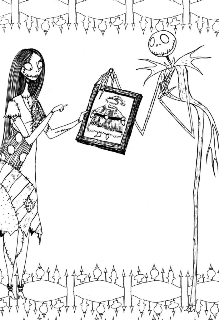 Black-and-white drawing of two characters holding framed portrait
