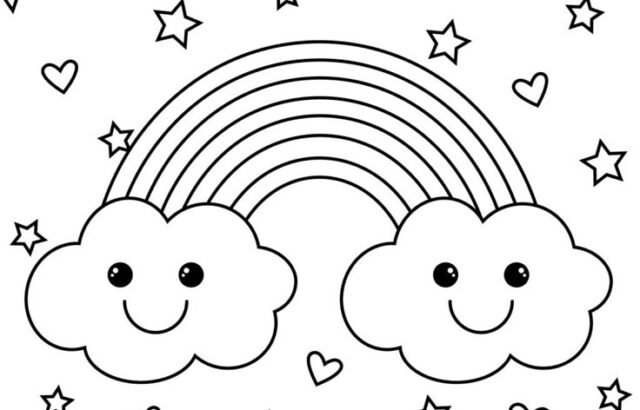 Smiling cloud rainbow with stars and hearts line drawing