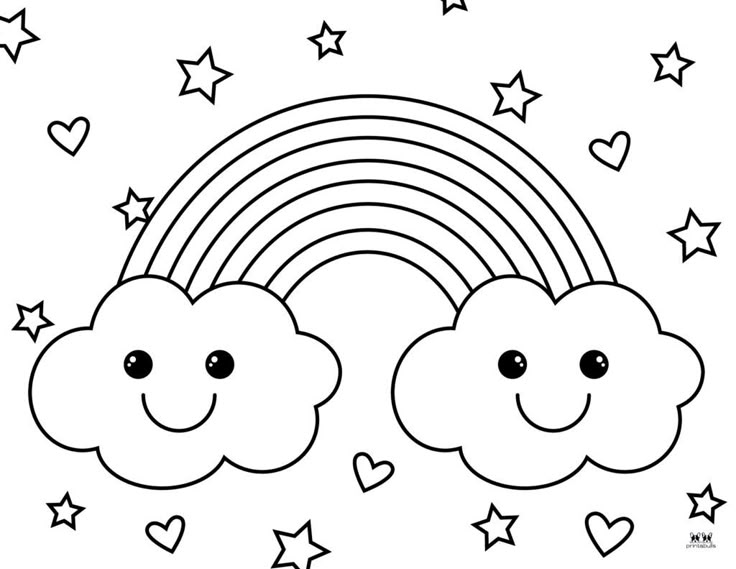 Smiling cloud rainbow with stars and hearts line drawing