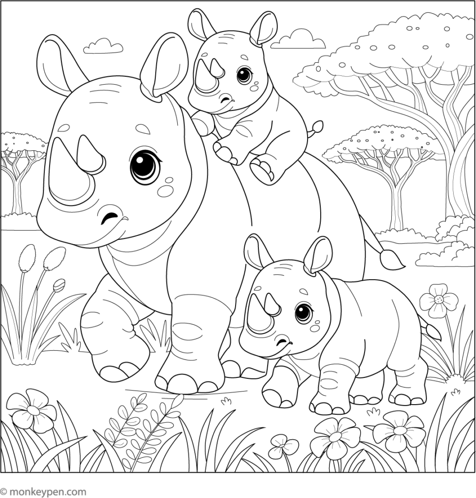 Cartoon rhinoceros family in a flowered savanna