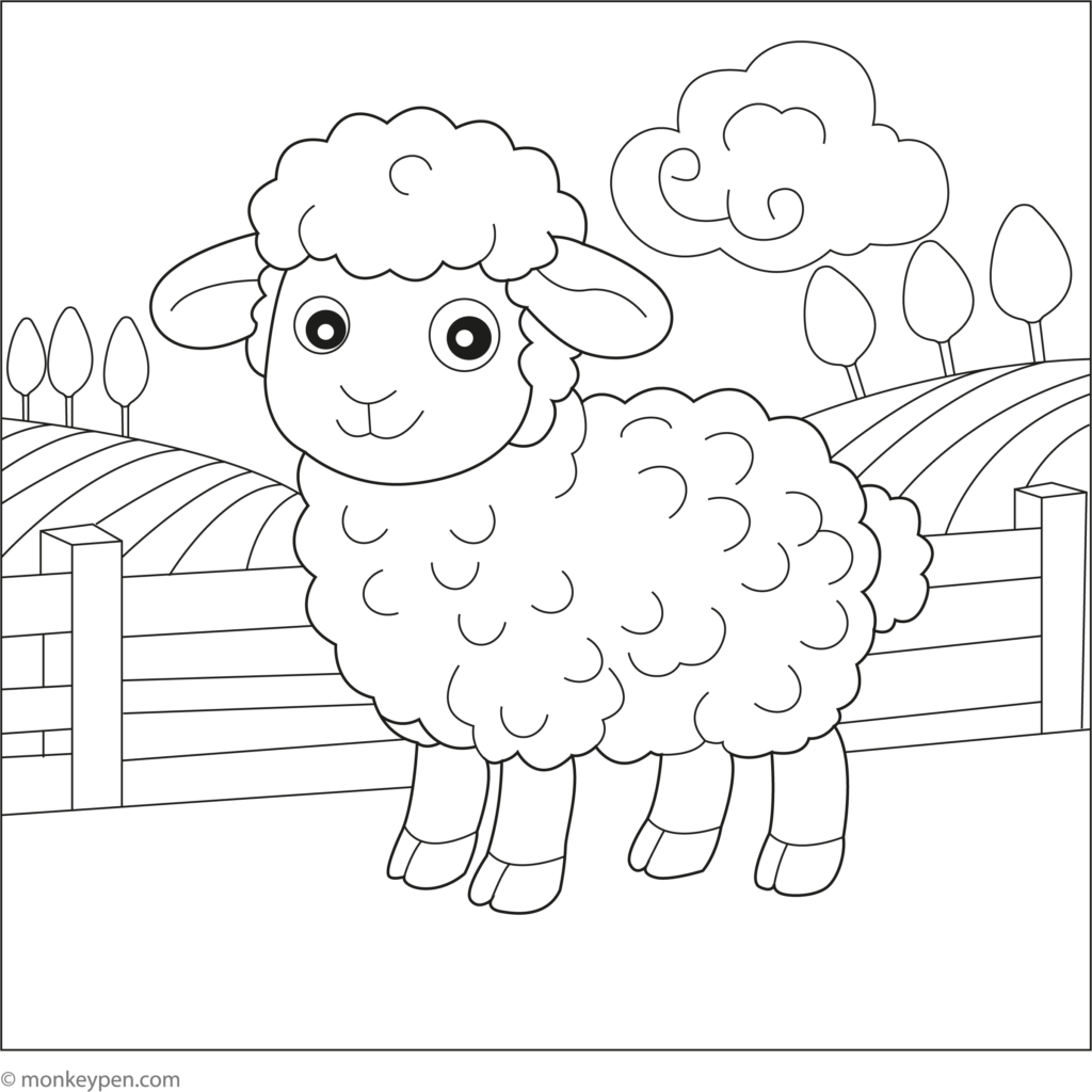Cartoon lamb in a farm field with fence and trees