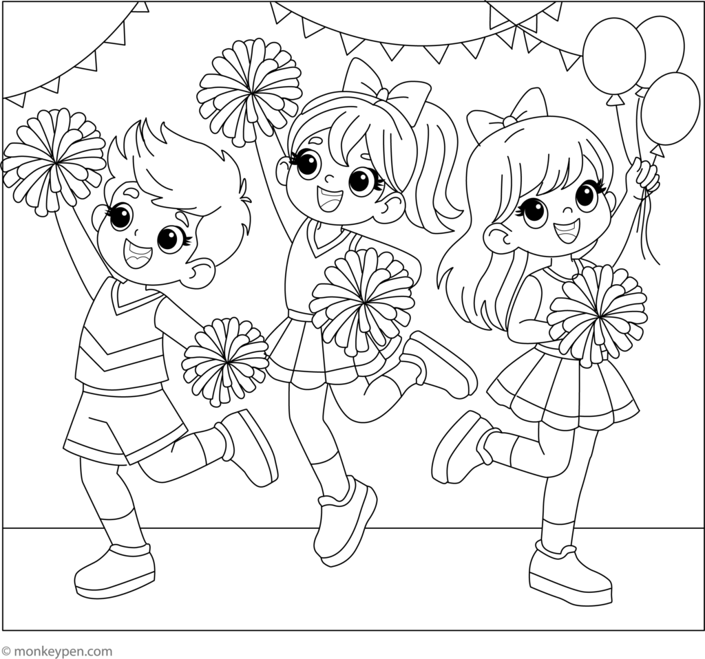 Three cartoon cheerleaders holding pom-poms and balloons