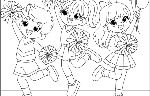 Three cartoon cheerleaders holding pom-poms and balloons