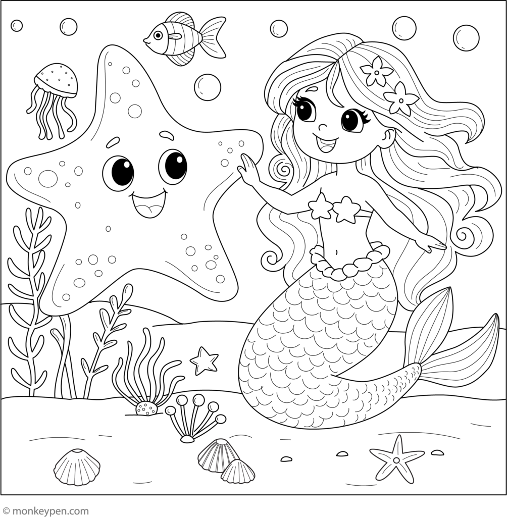 Mermaid girl beside smiling starfish underwater scene