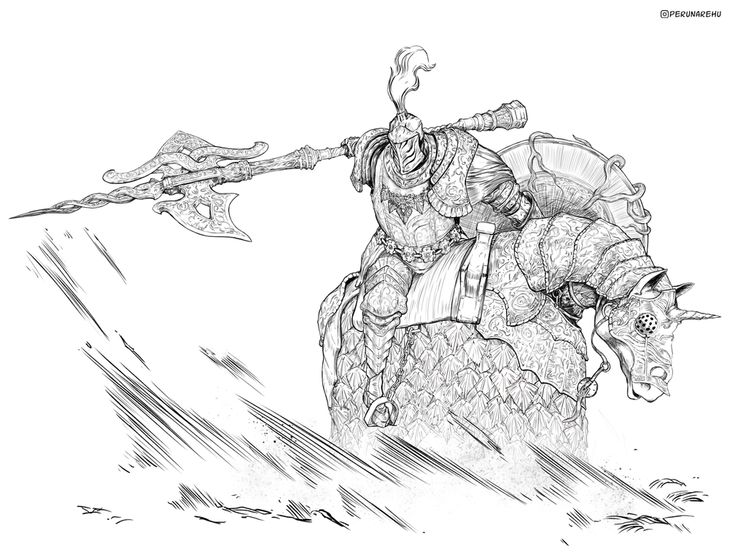 Line drawing of armored rider on horned horse
